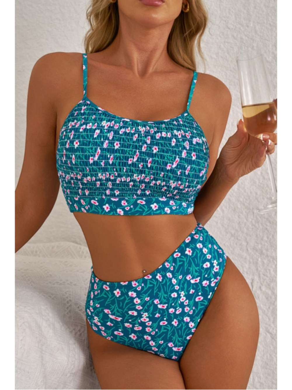 Teal Floral Smocked Tank High-Waist Bikini 2 Piece Swimsuit